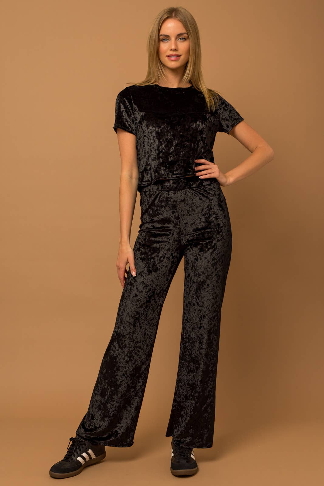SHORT SLEEVE CREW NECK VELVET TOP