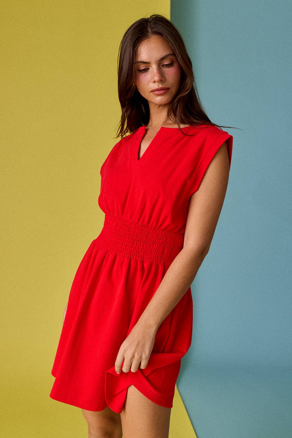 Smocked Waist Sculpted Shoulder Mini Dress