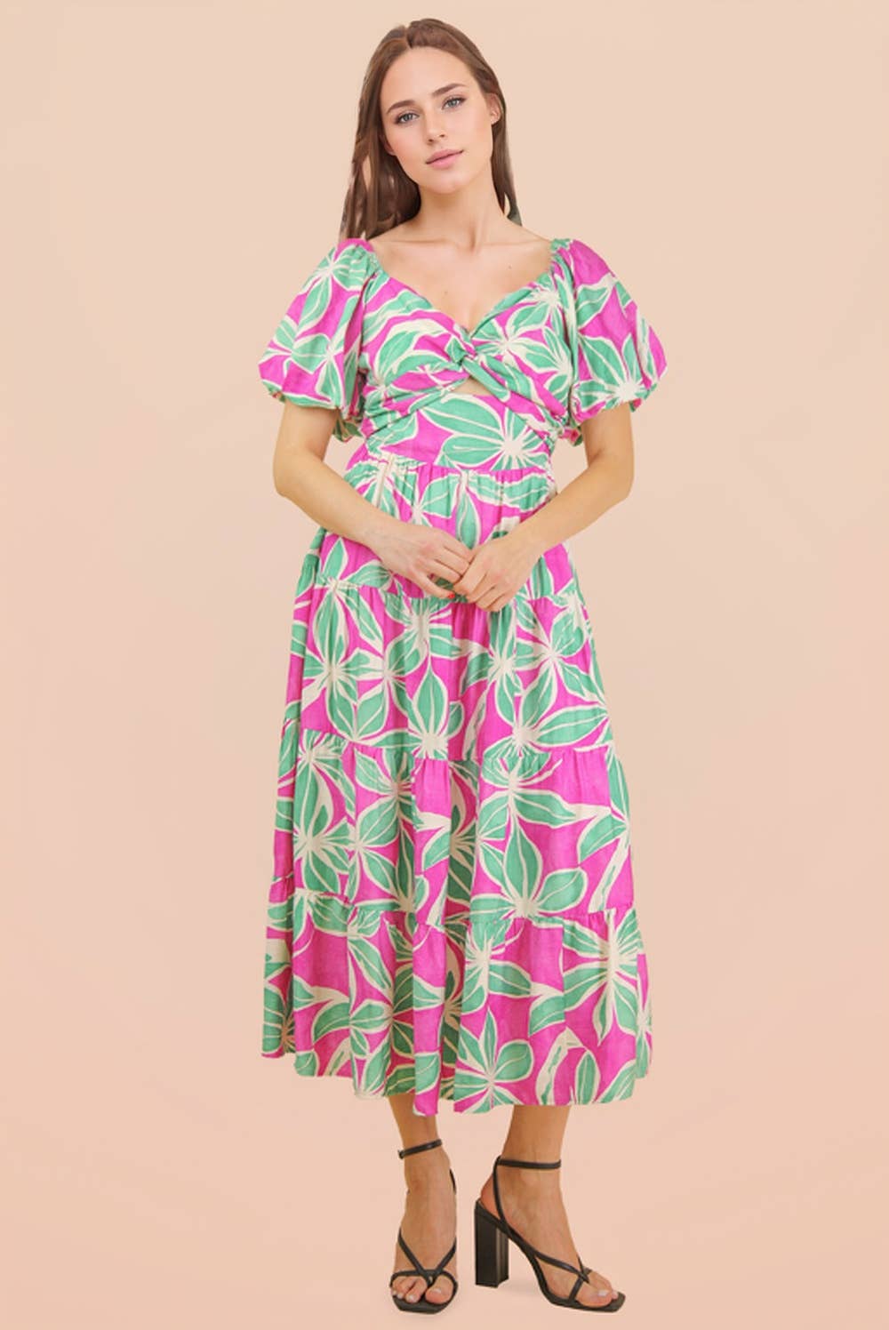Floral Printed Puff Sleeve Resort Midi Dress