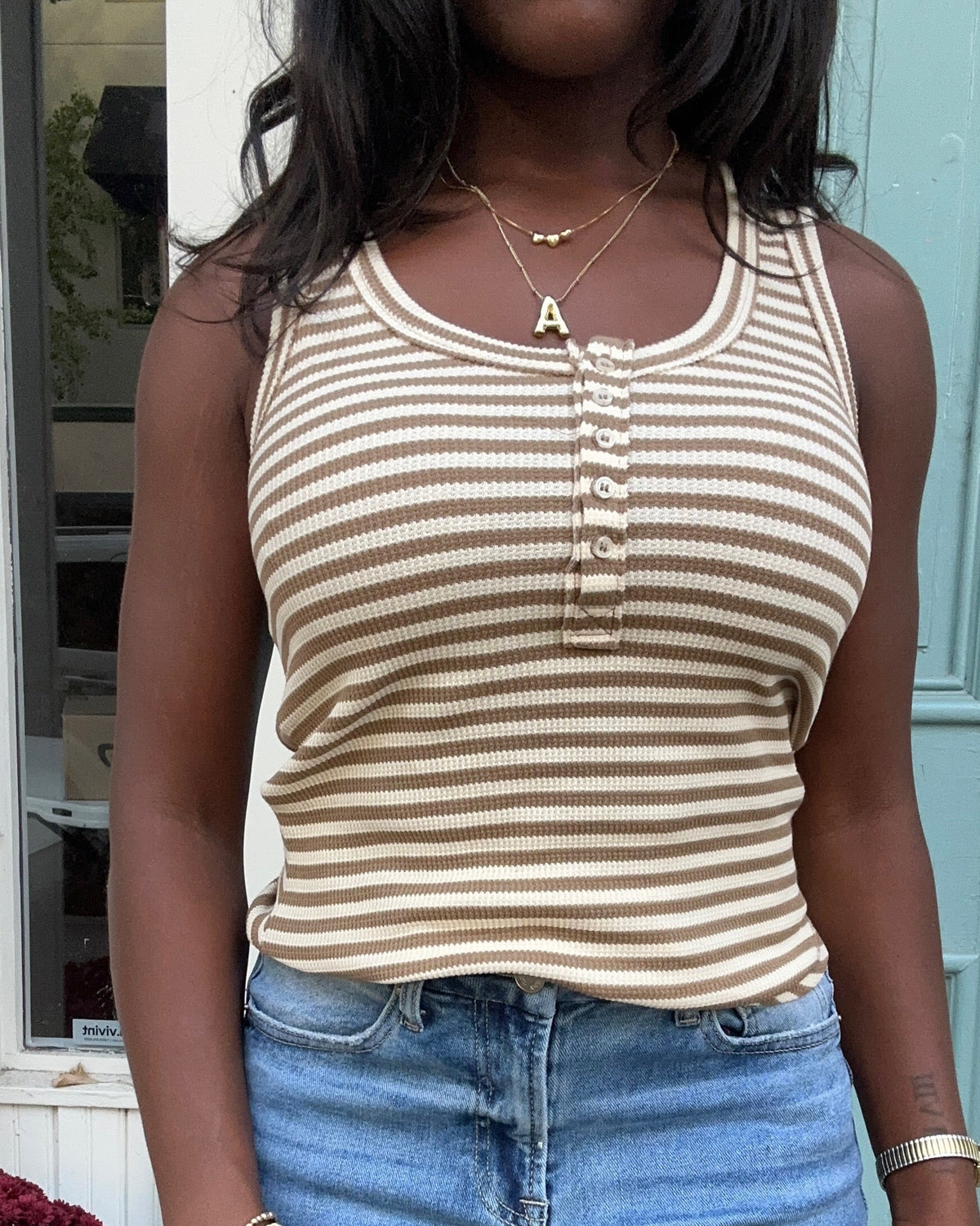 Striped & Solid Button Down Fitted Knit Tank Top