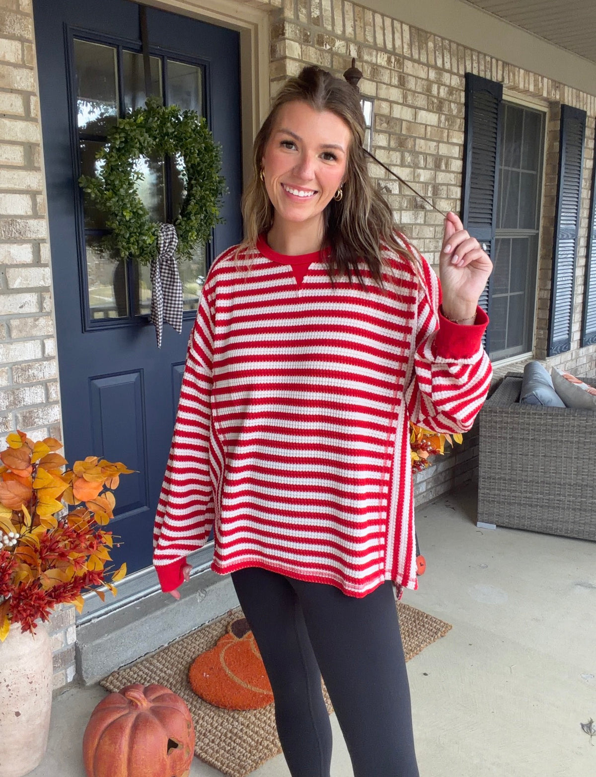 Red/cream striped waffle knit top