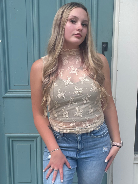 Nude lace mock neck tank