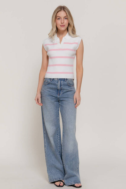 Sleeveless Stripe Polo Spring Sweater