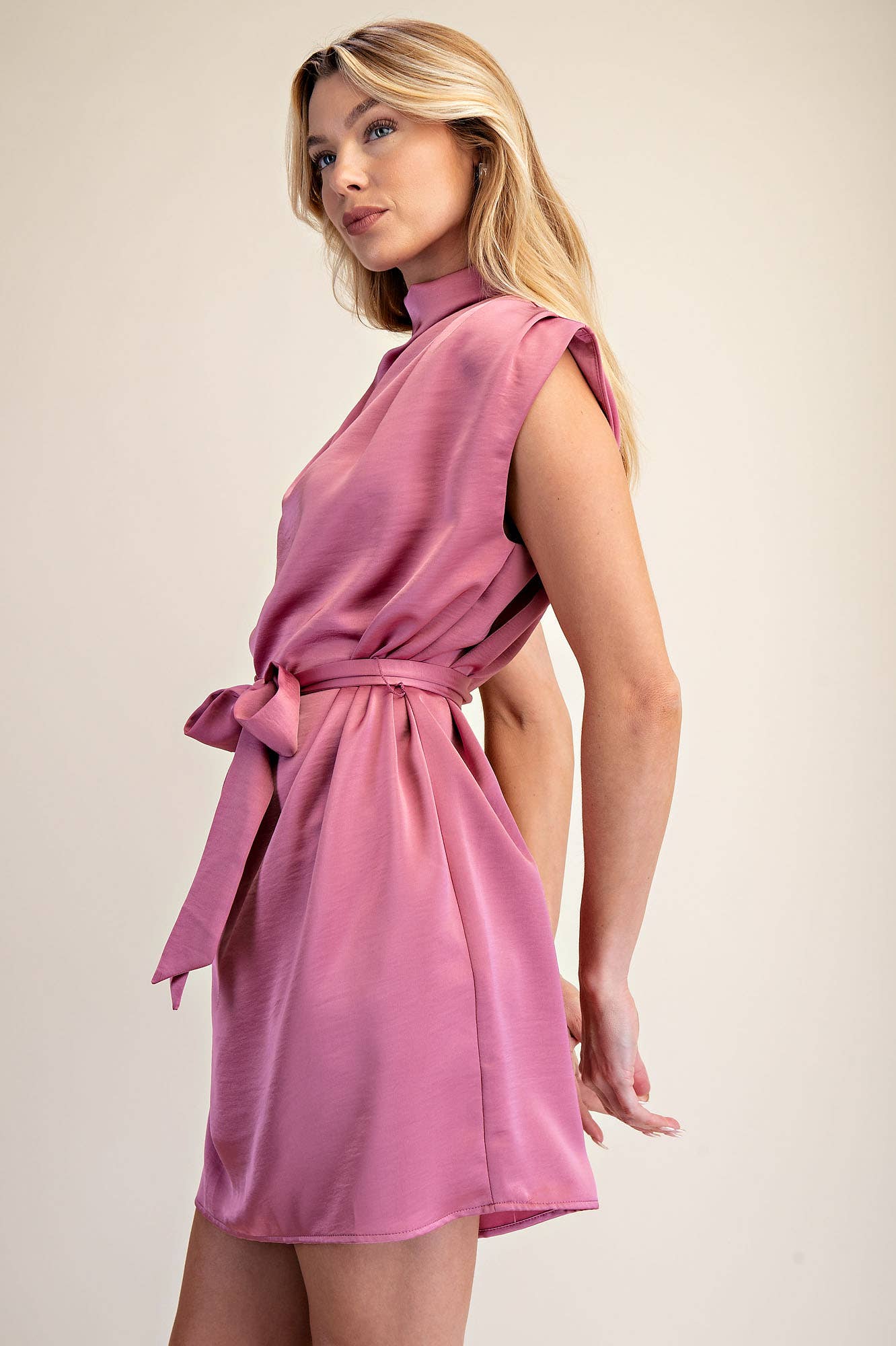 Mock Neck Waist Tie Sleeveless Mini Dress