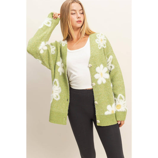 Floral Button Front Soft Sweater Cardigan