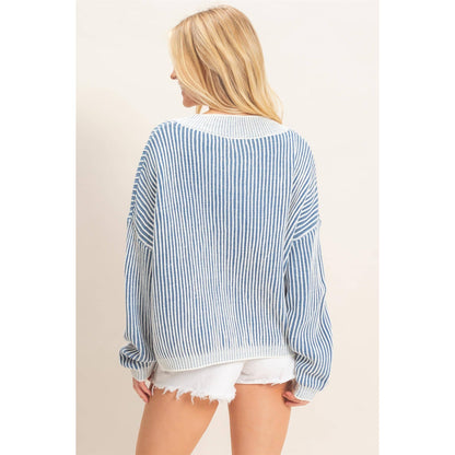 Striped V-Neck Ribbed Sweater
