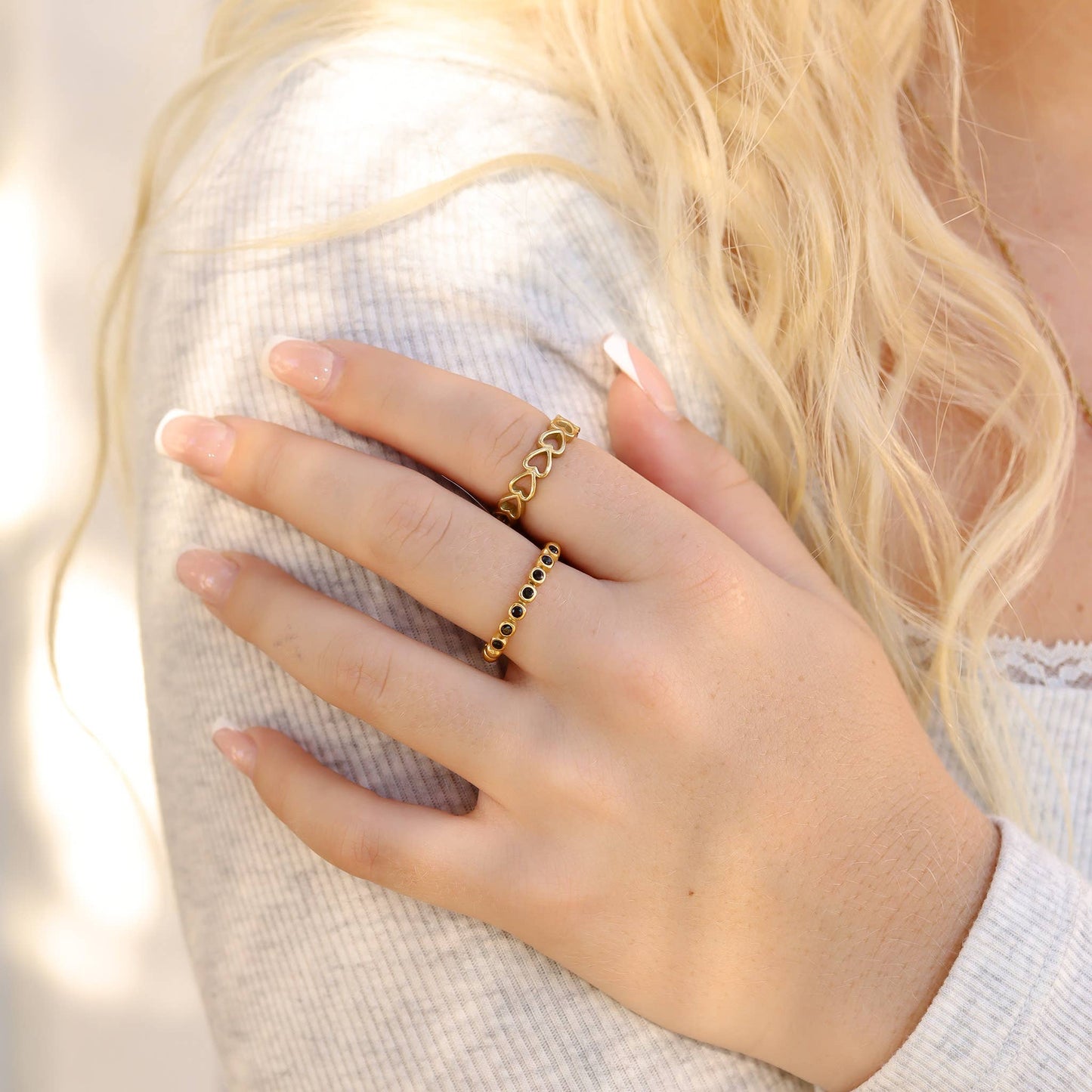 18k Gold PVD Coated Beaded Stainless Steel CZ Stacking Ring