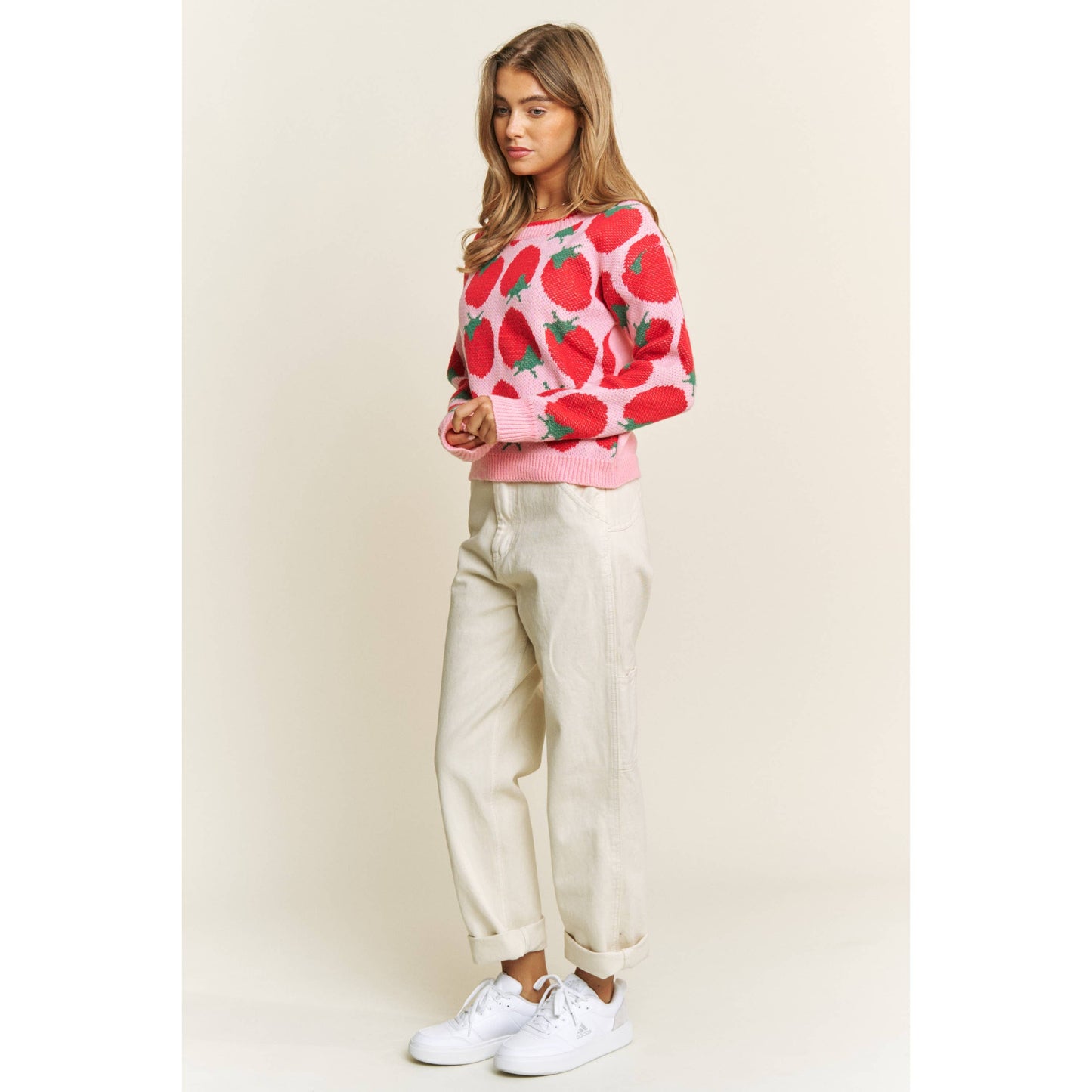 CUTE STRAWBERRY JACQUARD CASUAL PULLOVER SWEATER