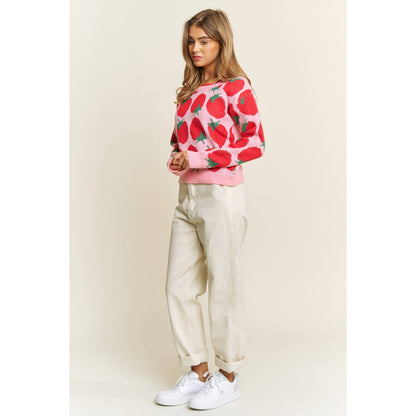 CUTE STRAWBERRY JACQUARD CASUAL PULLOVER SWEATER