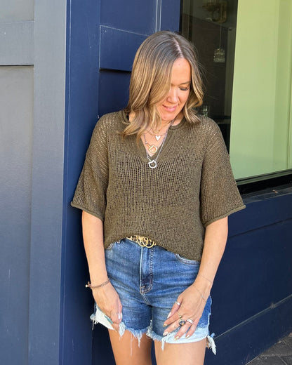 SPLIT NECK SHORT SLEEVE SHEER CROCHET KNIT TOP