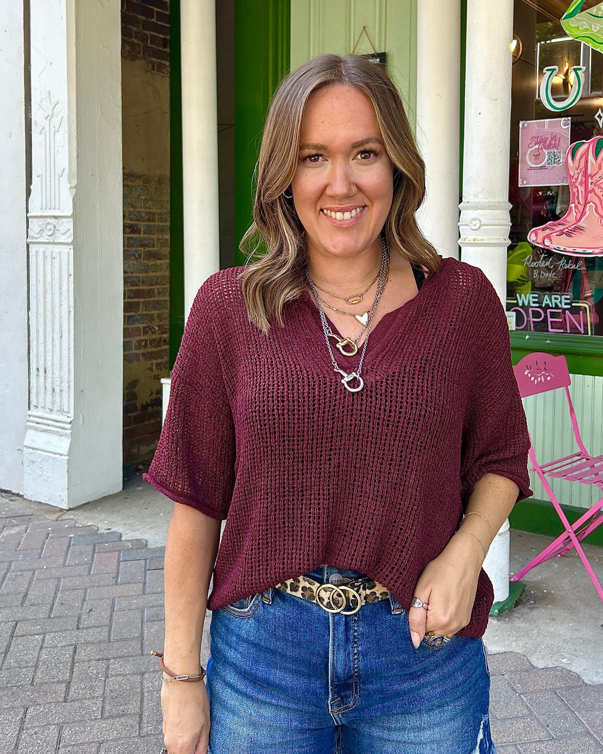 SPLIT NECK SHORT SLEEVE SHEER CROCHET KNIT TOP