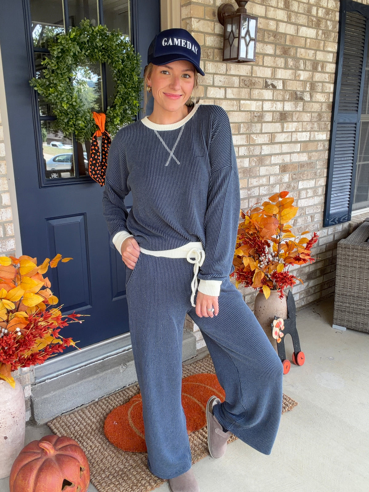 Navy Solid Raised Rib Lounge Pants