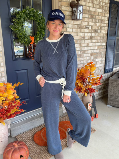 Navy Solid Raised Rib Lounge Pants