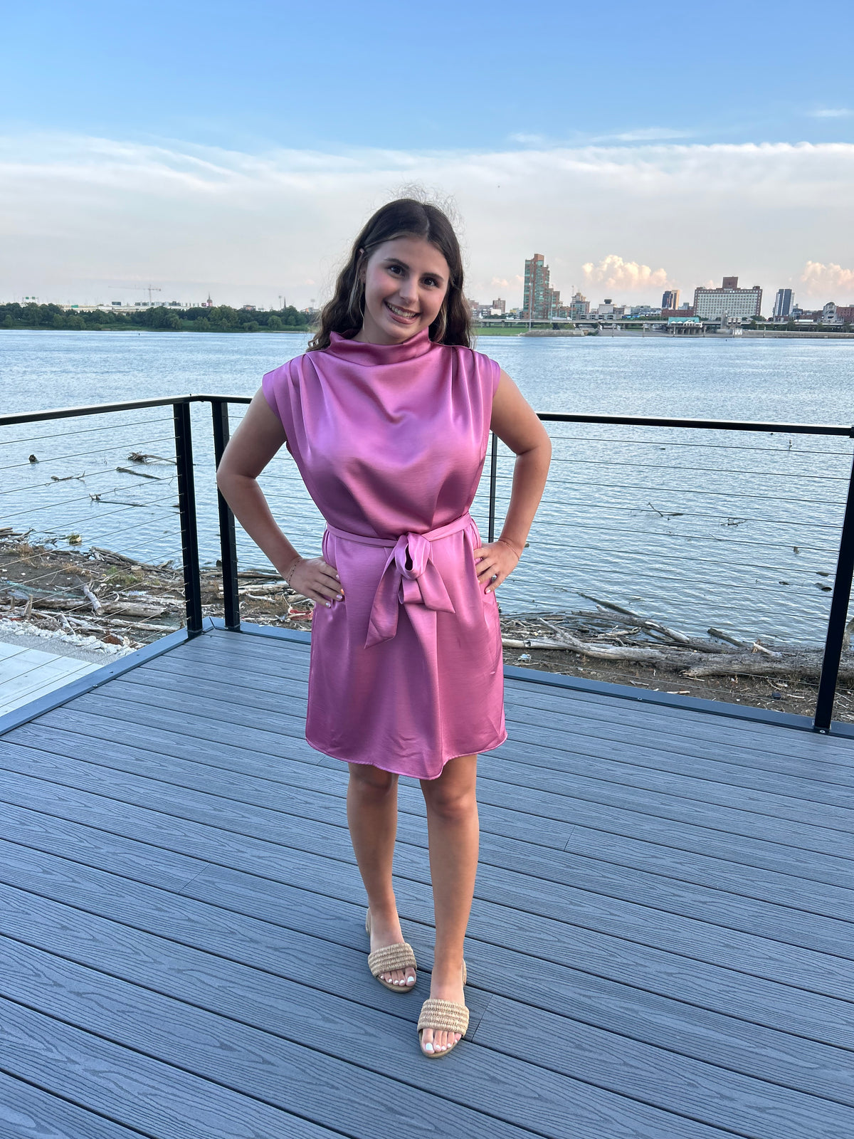 Mock Neck Waist Tie Sleeveless Mini Dress