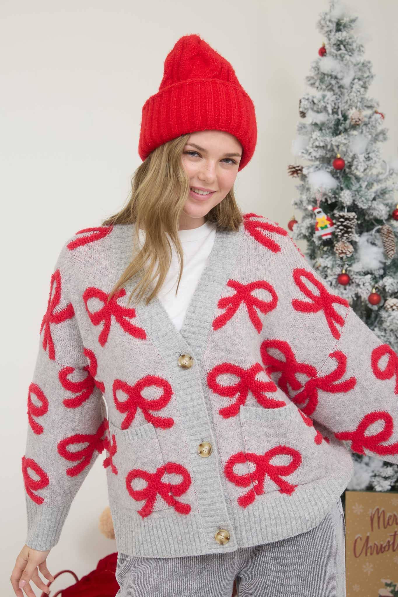 BOW PATTERN BUTTON DOWN KNIT CARDIGAN