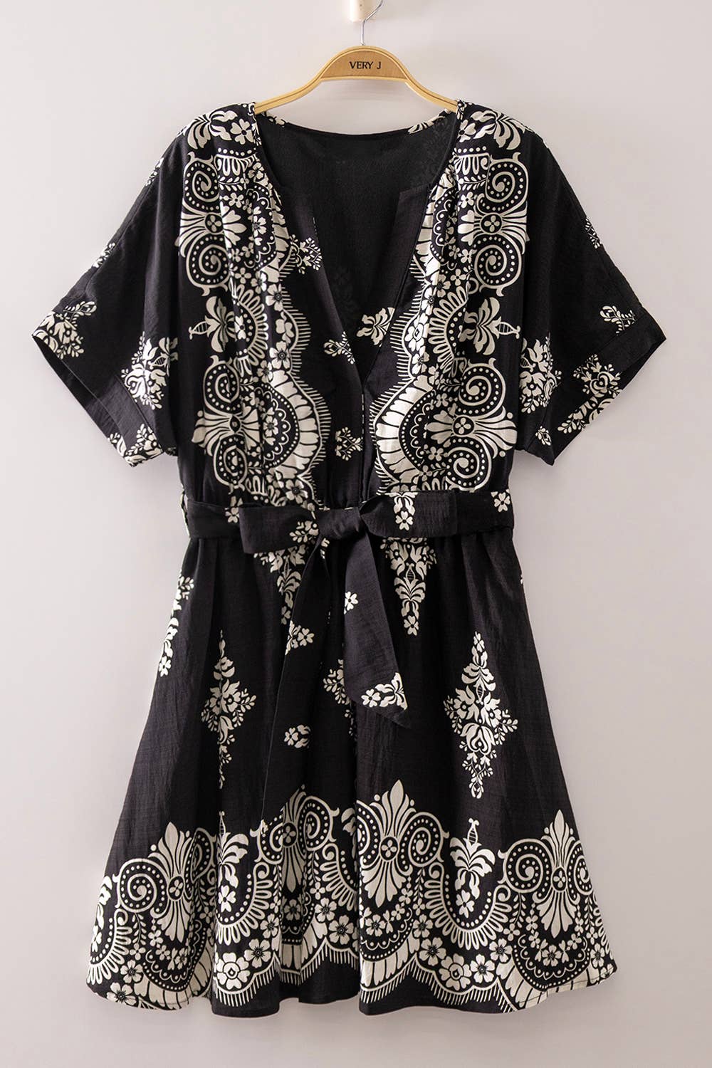 Split Neck Printed Mini Boho Dress