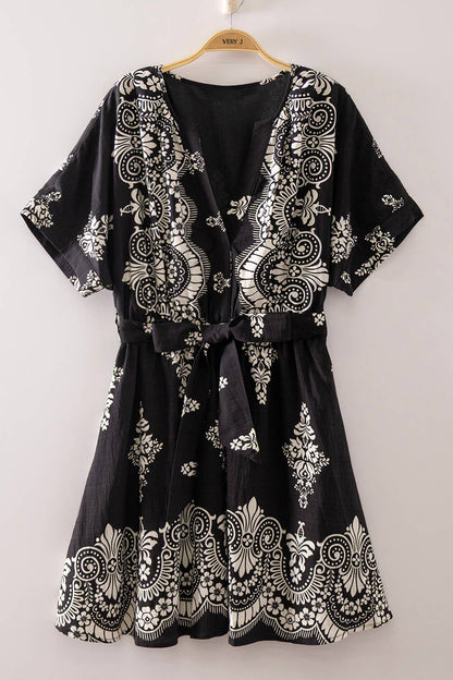 Split Neck Printed Mini Boho Dress