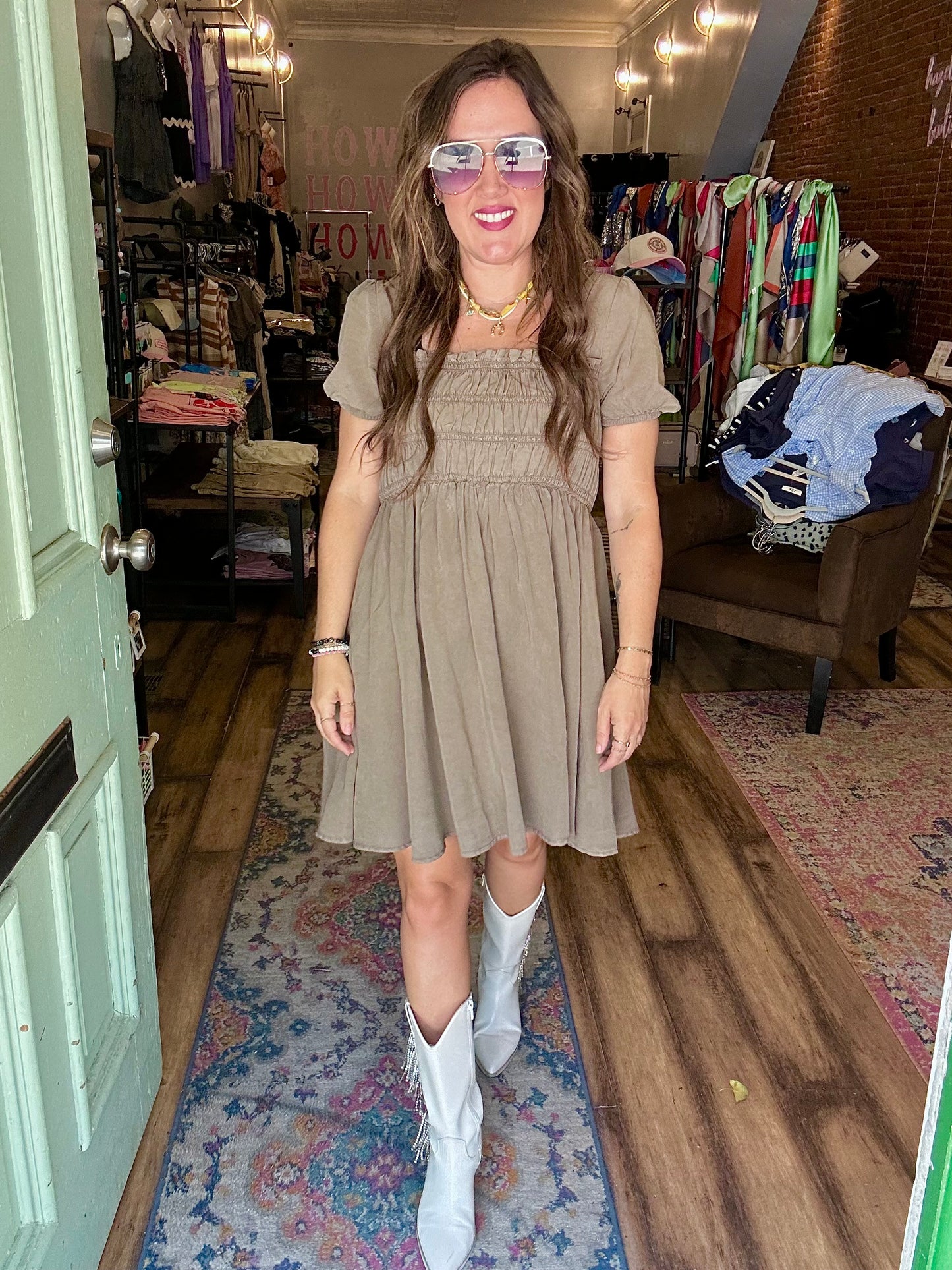 WASHED SMOCKED SHORT PUFF SLEEVE MINI DRESS