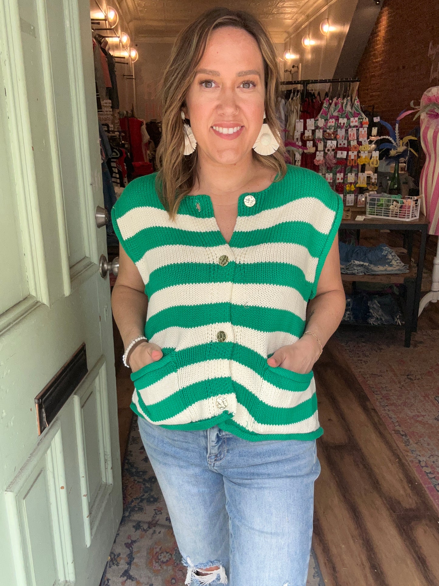 Green button down sweater vest