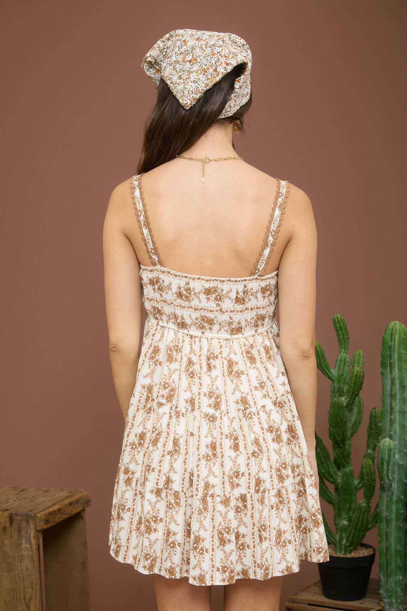 STRIPE FLORAL SLEEVELESS TIERED MINI DRESS