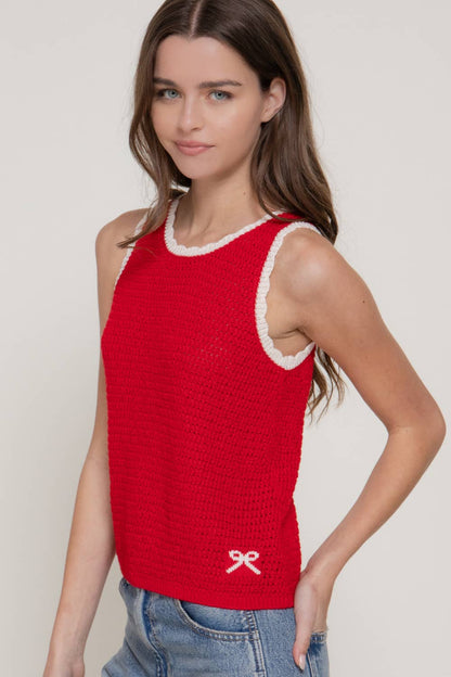 Sleeveless Sweater with Contrasting Edges & Jacquard Detail