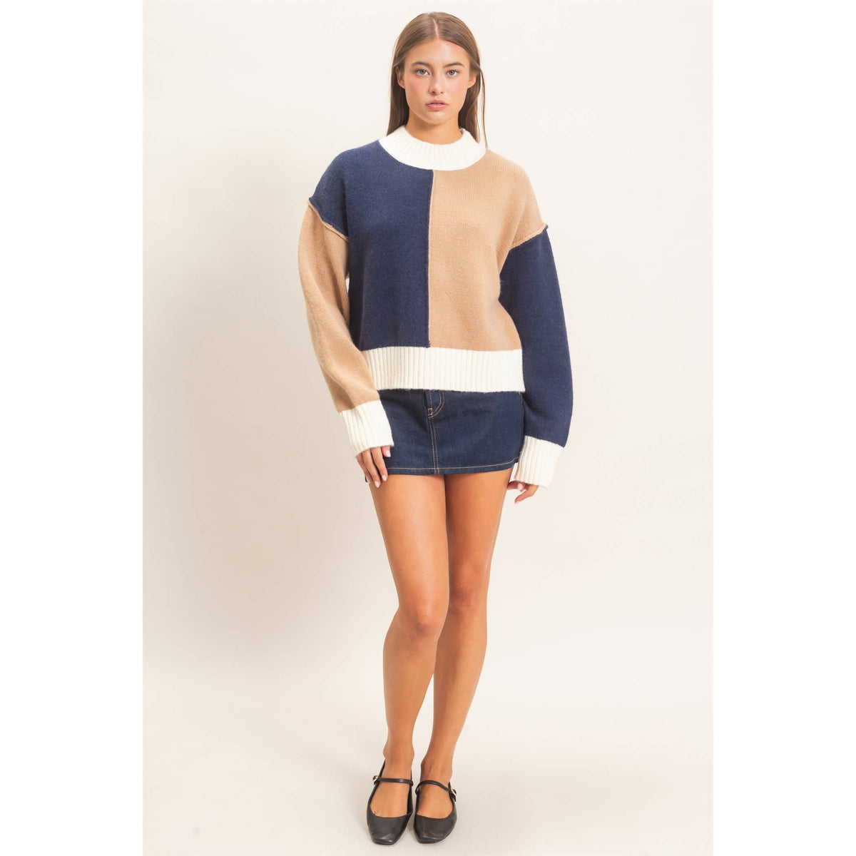 Color Block Mock Neck Sweater