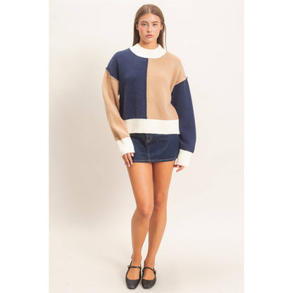 Color Block Mock Neck Sweater