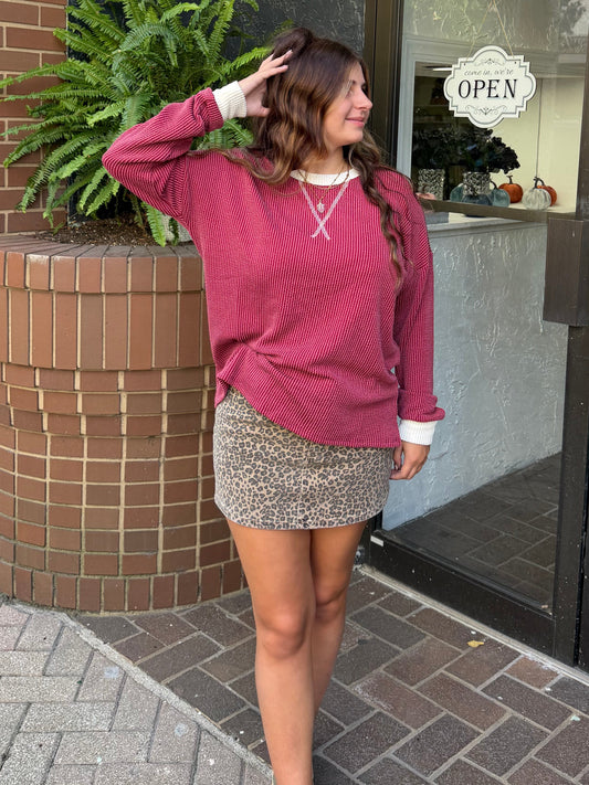 Raised Rib Round Neck Pullover