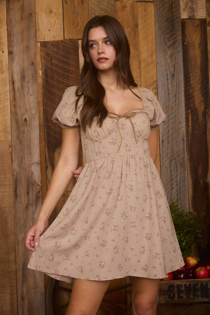 FLORAL SWEETHEART FRONT TIE MINI DRESS
