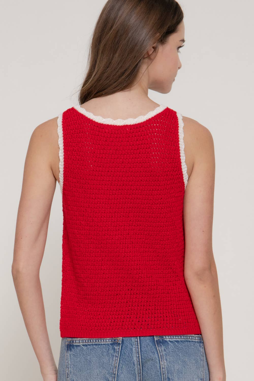 Sleeveless Sweater with Contrasting Edges & Jacquard Detail