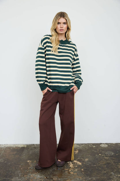 CONTRAST WIDE NECK LONG SLEEVE STRIPE KNIT TOP