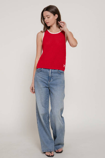 Sleeveless Sweater with Contrasting Edges & Jacquard Detail