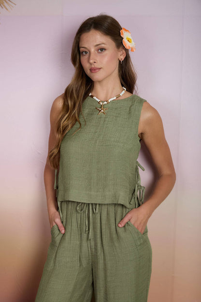 TEXTURED SIDE TIE SLEEVELESS CROP TOP