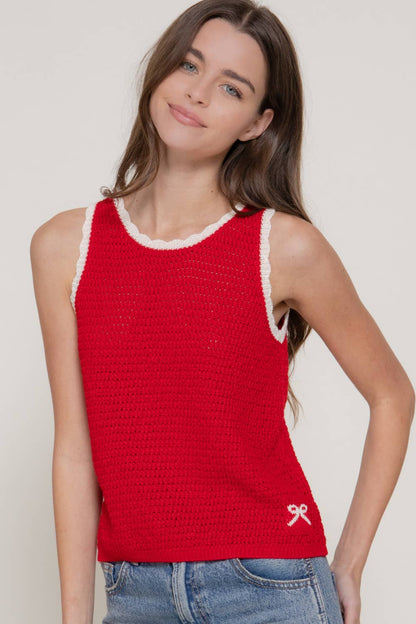 Sleeveless Sweater with Contrasting Edges & Jacquard Detail