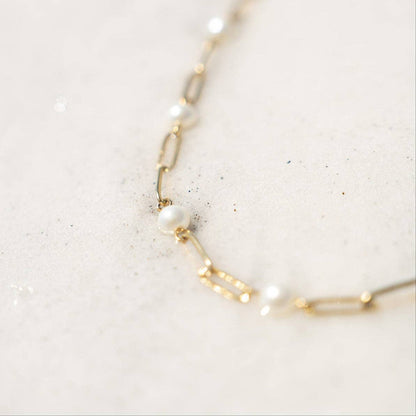 18K Gold PVD Steel Station Pearl Paperclip Chain Bracelet