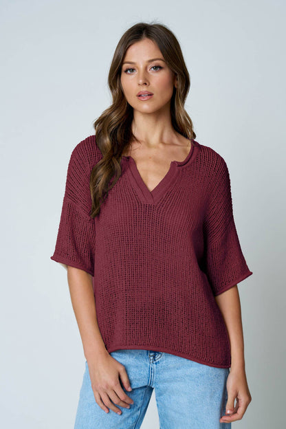 SPLIT NECK SHORT SLEEVE SHEER CROCHET KNIT TOP