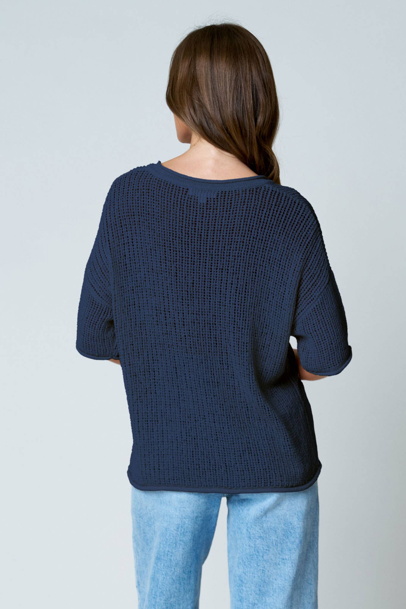 SPLIT NECK SHORT SLEEVE SHEER CROCHET KNIT TOP