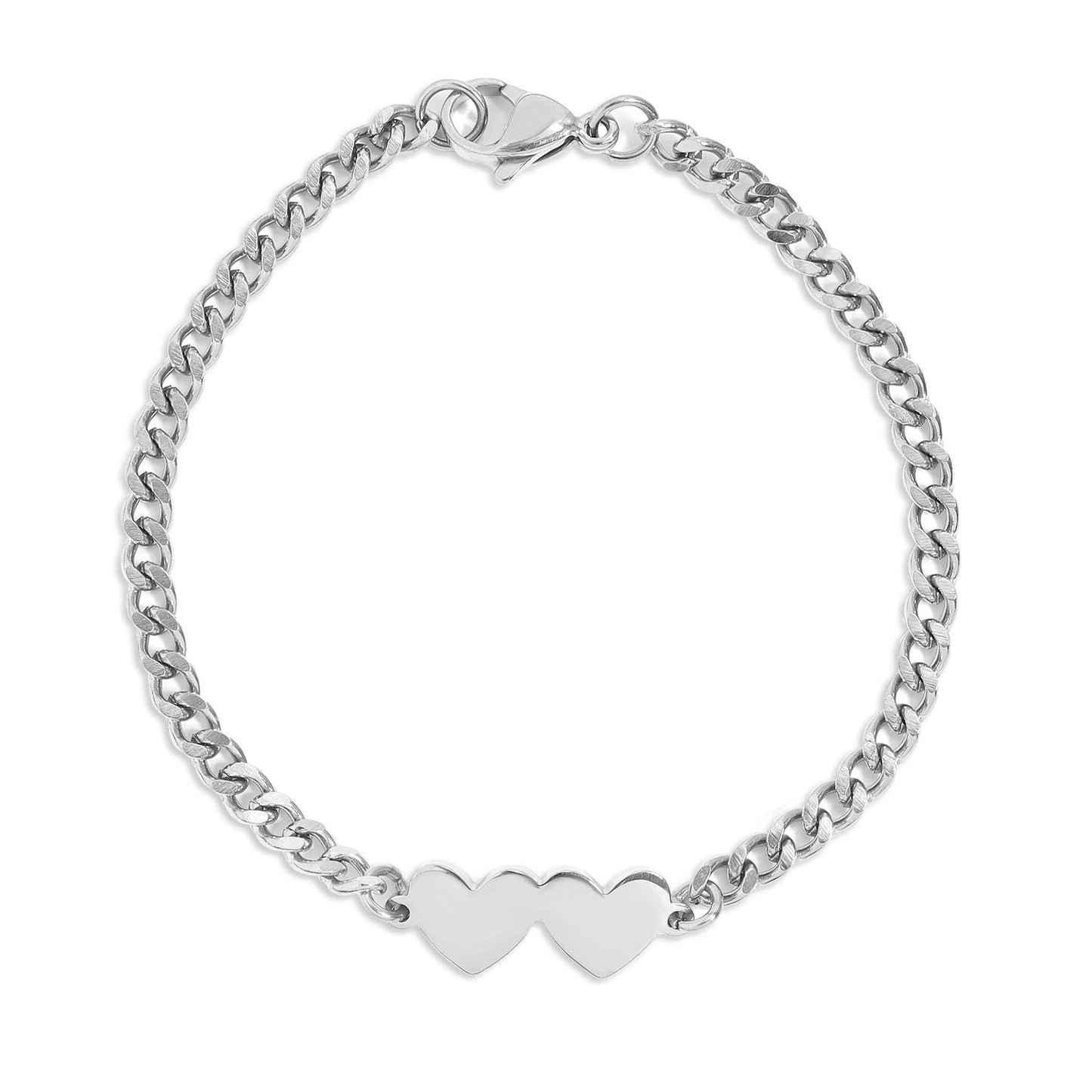 18K Gold PVD Stainless Steel Engravable 2 Hearts on Curb Chain Bracelet
