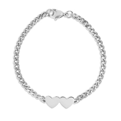 18K Gold PVD Stainless Steel Engravable 2 Hearts on Curb Chain Bracelet