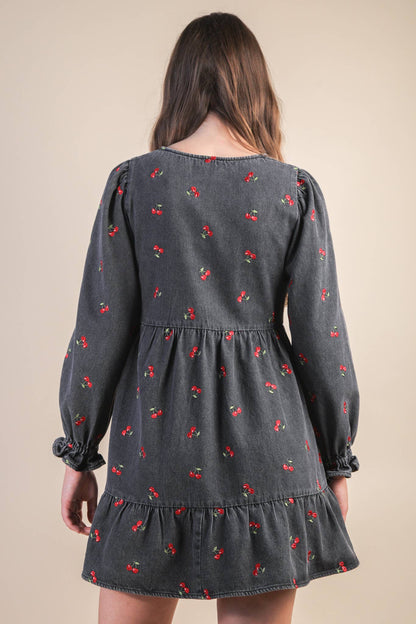 Soft Washed Denim Printed Casual Mini Dress