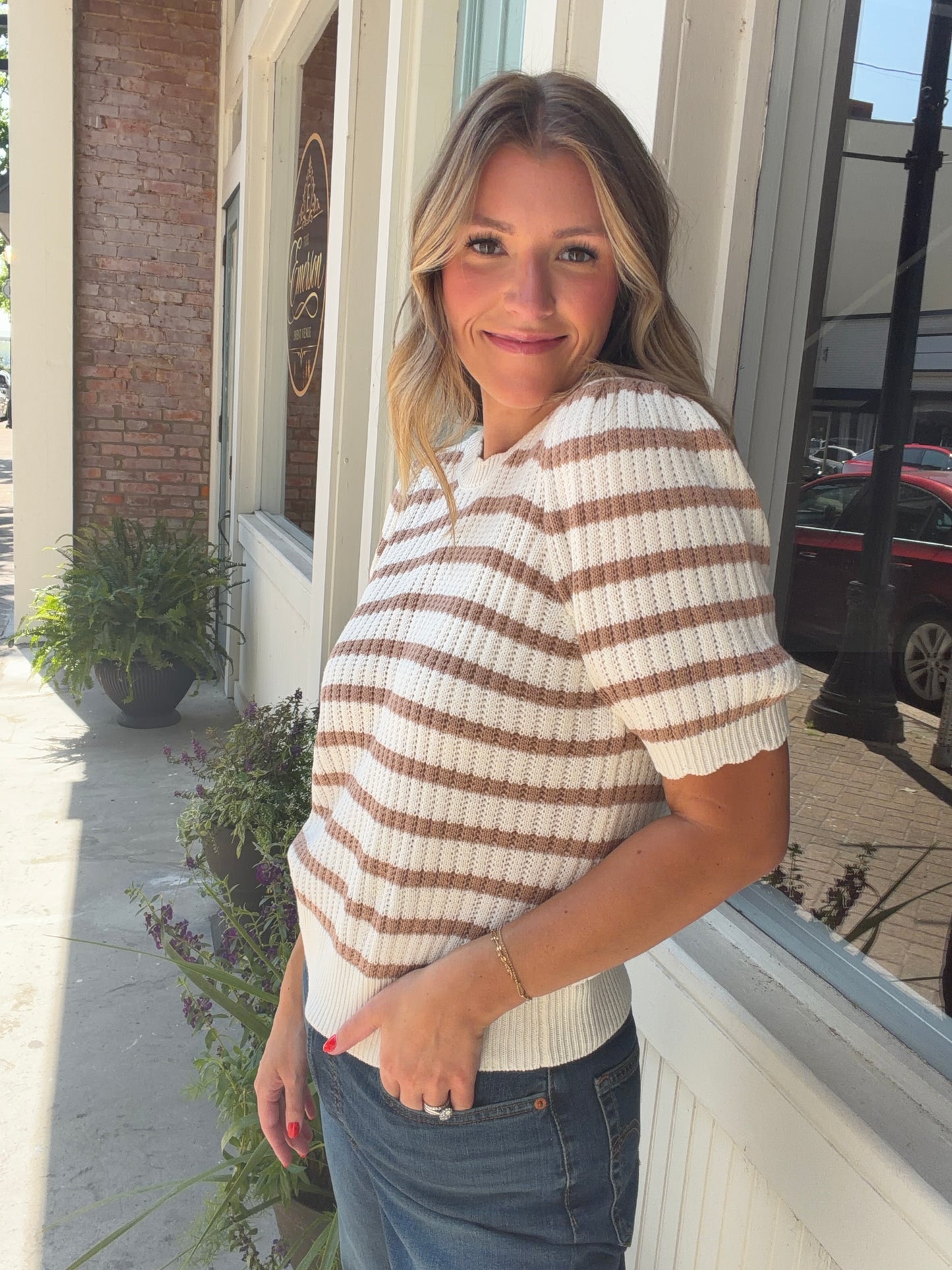 Striped Scallop Edge Puff Sleeve Knit Top