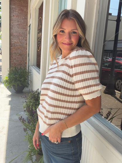 Striped Scallop Edge Puff Sleeve Knit Top
