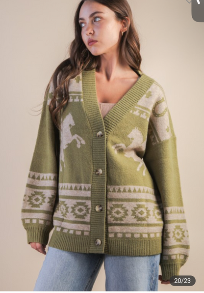 Olive western horse cardigan