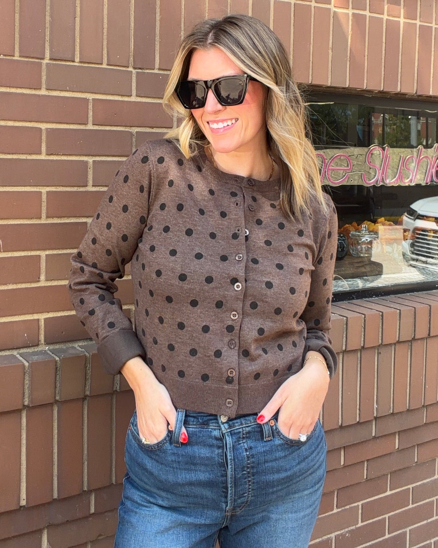 Polka Dot Round Neck Button Down Cardigan