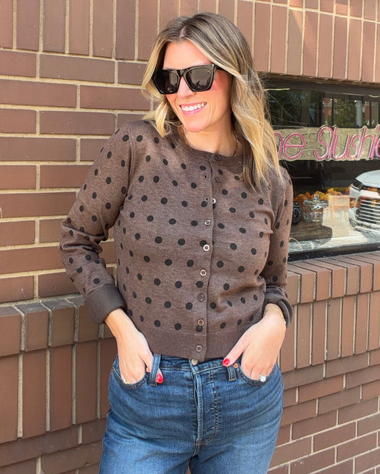 Polka Dot Round Neck Button Down Cardigan
