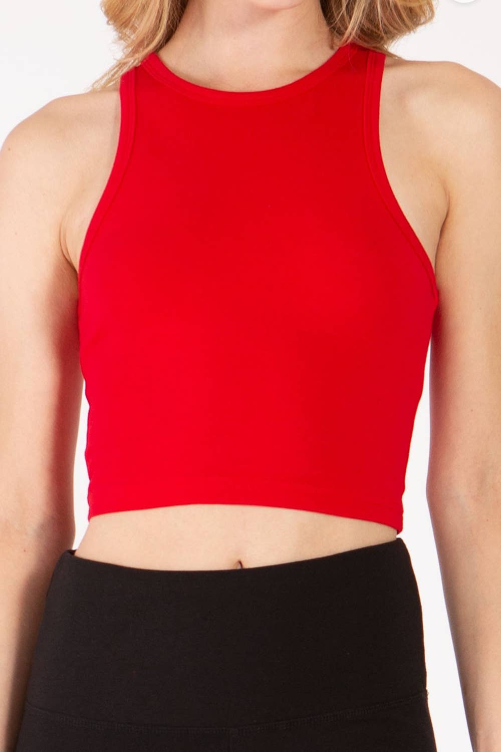 Solid color cotton spandex high neck cropped basic tank top