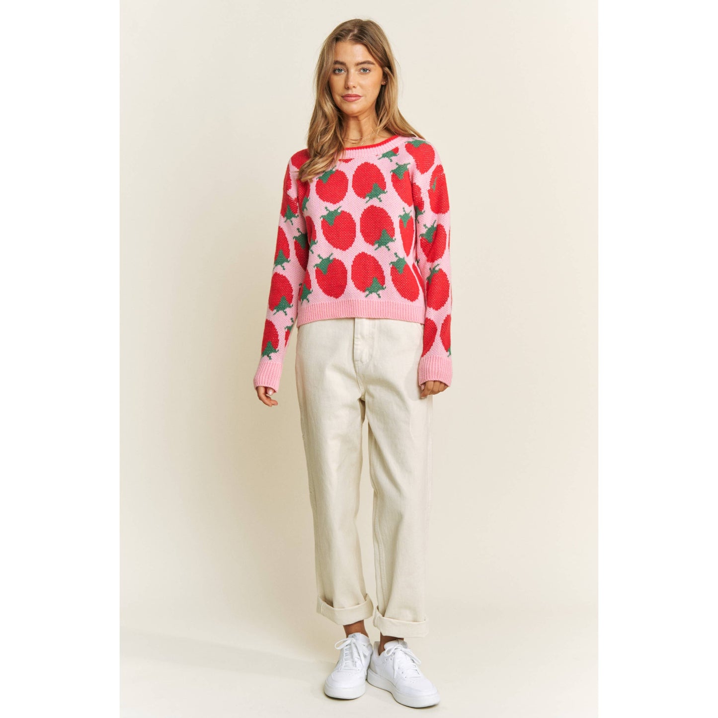 CUTE STRAWBERRY JACQUARD CASUAL PULLOVER SWEATER