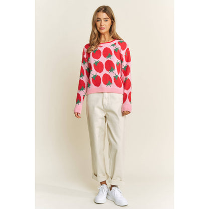 CUTE STRAWBERRY JACQUARD CASUAL PULLOVER SWEATER