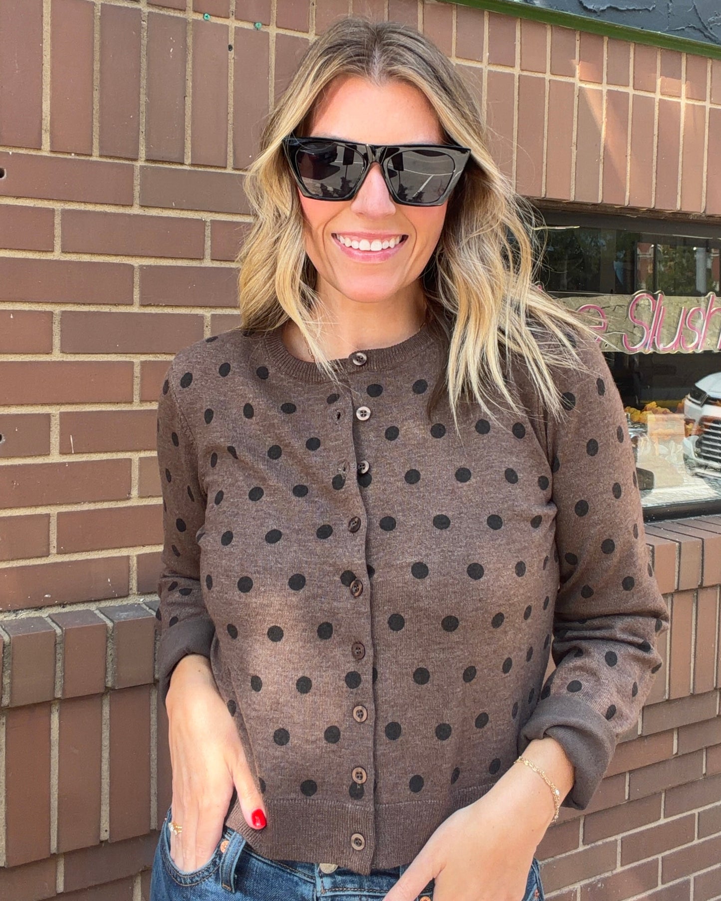 Polka Dot Round Neck Button Down Cardigan