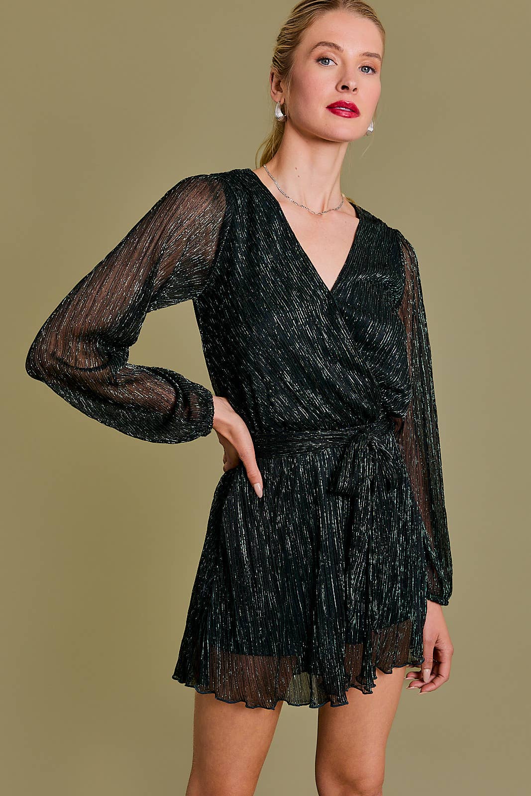 SURPLICE LONG SLEEVE WAIST TIE ROMPER